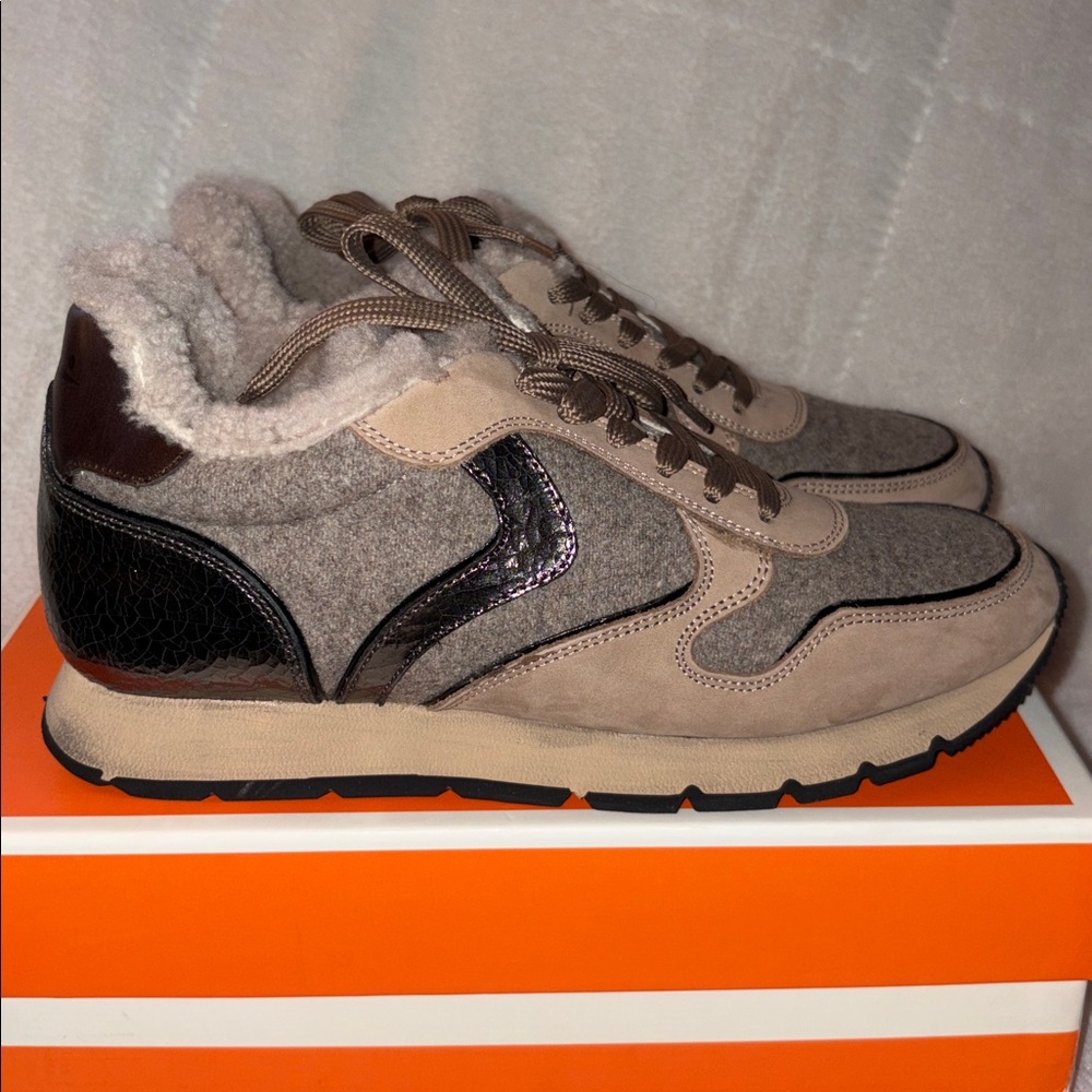 NWT VOILE BLANCHE JULIA Fur Leather And Fabric Sneakers in BEIGE - Picture 10 of 16